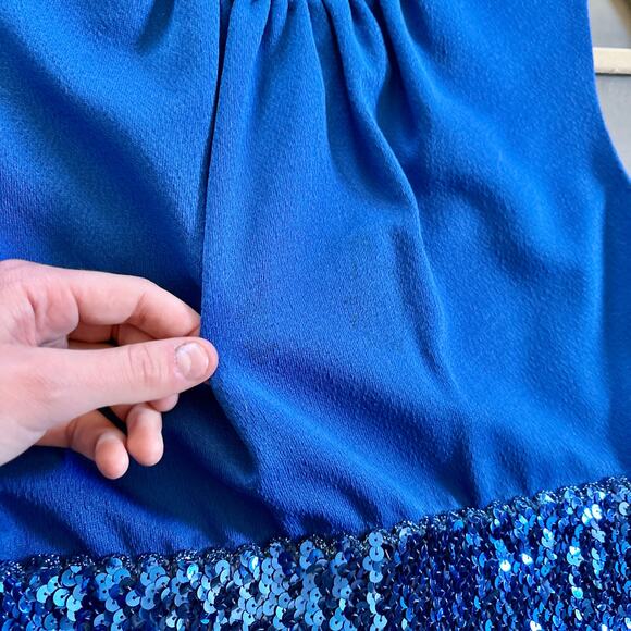 Vintage 70s Blue Maxi Dress Fitted Sleeveless Gown Dress Small Sequin Trim - Picture 5 of 11